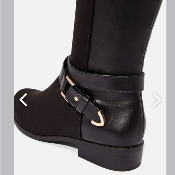 Black Riding Faux Leather Buckle Strap Flat Boots - Picture 4 of 5